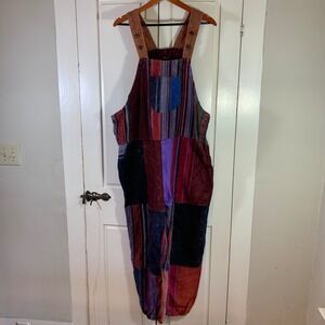 Rising International Nepal Patchwork Overalls Jumpsuit Boho Hippie XL‎ Colorful